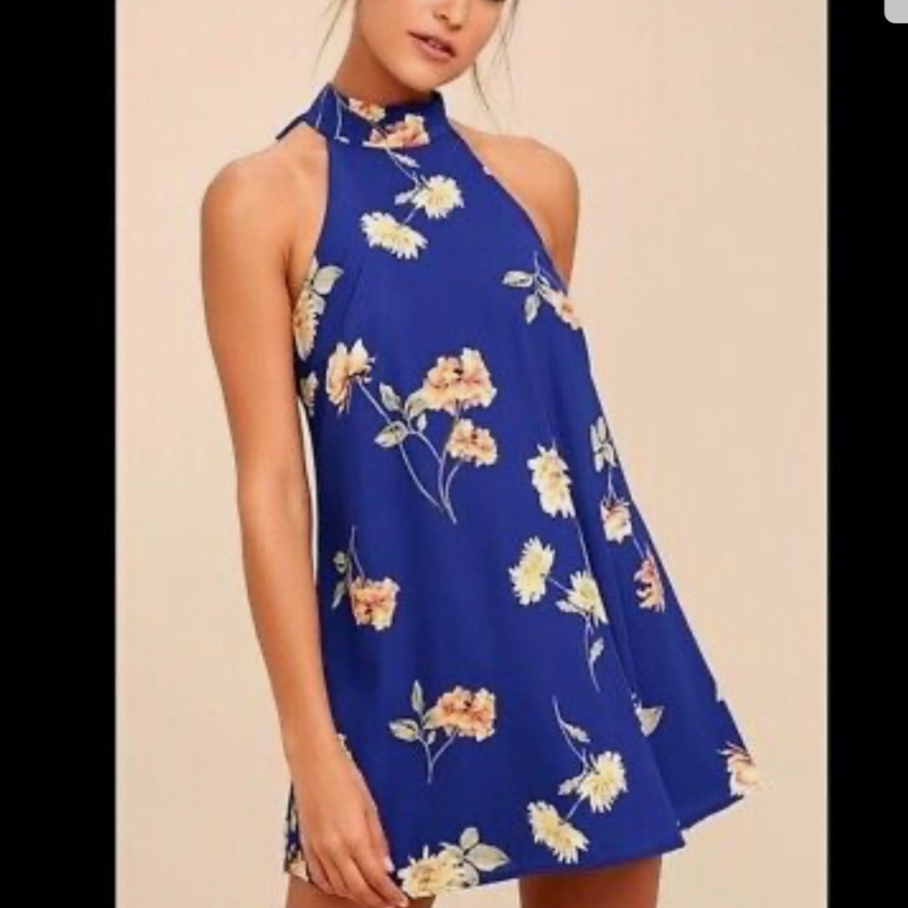 Lulu " Darling Dearest” Royal Blue with Floral Print Halter Dress Size M